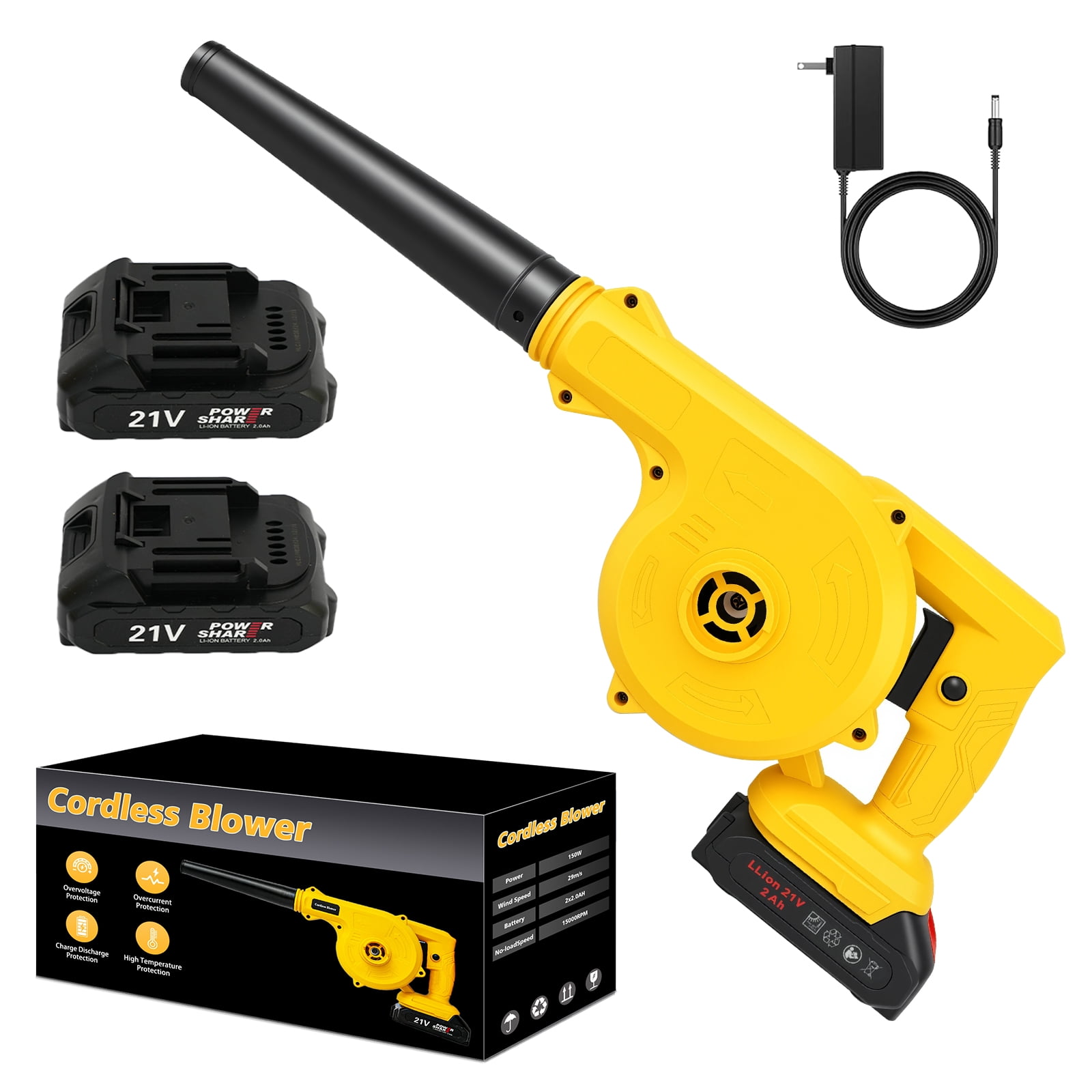 21V Cordless Leaf Blower, 15000RPM High-Speed Electric Blower with Multi-Speed Control, 2 in 1 Blowing& Sucking Mode for Yard, Indoor& Vehicle
