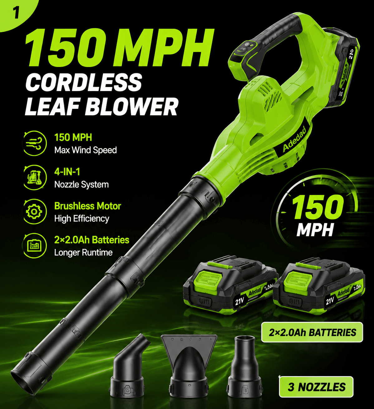 21V Cordless Leaf Blower 4-in-1 Nozzles Design Battery Powered Leaf Blowers with 2x Battery and Charger Lightweight Small Electric Blower for Lawn Care,Garden,Yard,Eaves,etc