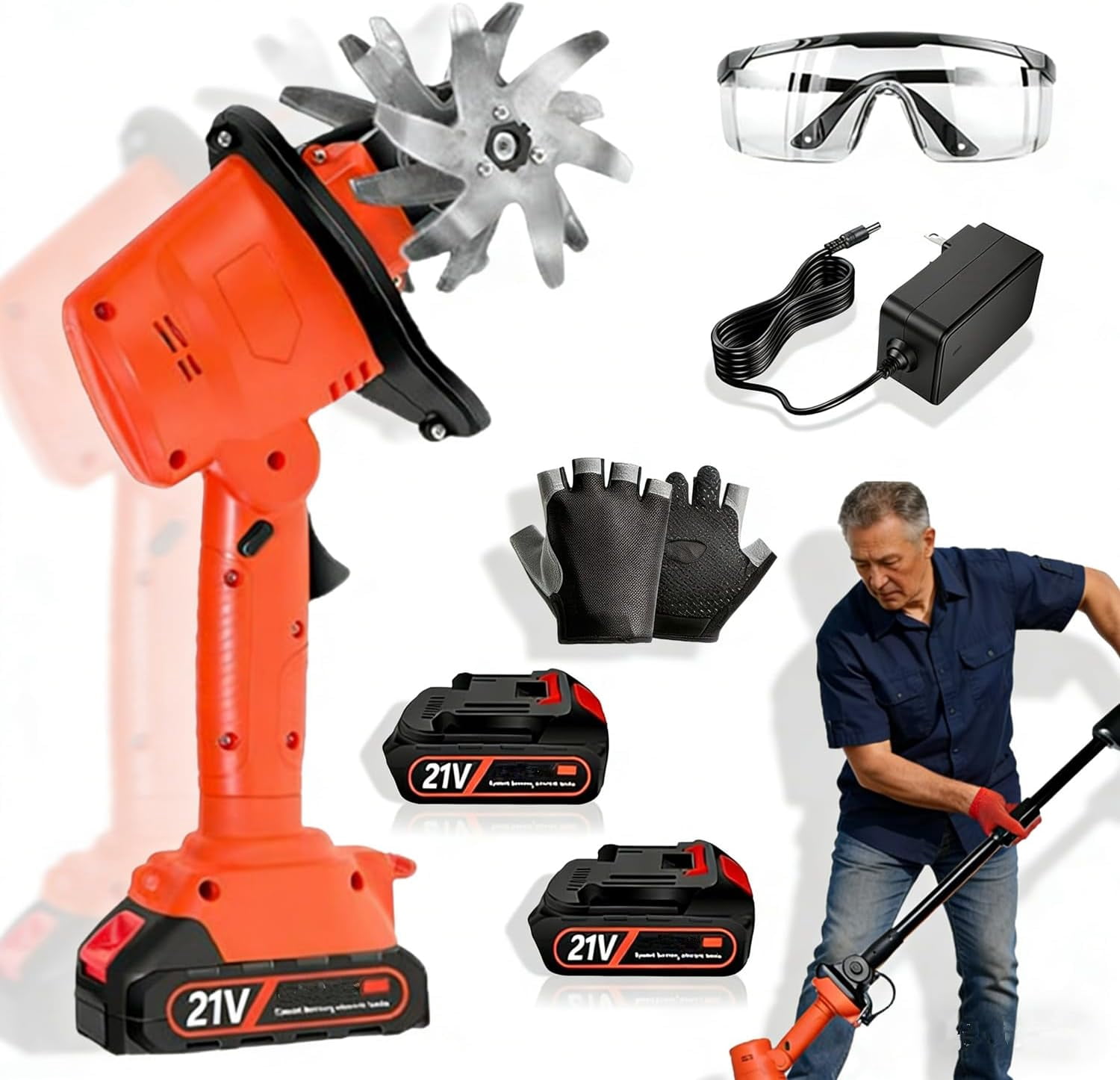 21V Cordless Mini Tiller Cultivator, Handheld Tilling Machine, Electric Garden Tiller, for Gardening, with 2 * 1.5Ah Batteries & Charger, 5In Tilling Width and 5In Depth Garden Rototiller (No Pole)