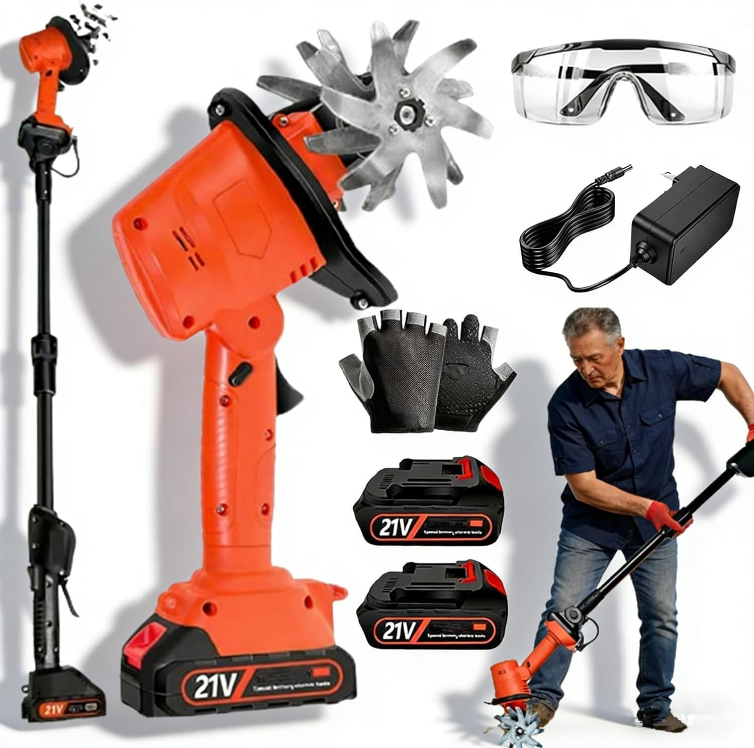 21V Cordless Mini Tiller Cultivator, Handheld Tilling Machine, Electric Garden Tiller, for Gardening, with 2 * 1.5Ah Batteries & Charger, 5In Tilling Width and 5In Depth Garden Rototiller (with Pole)