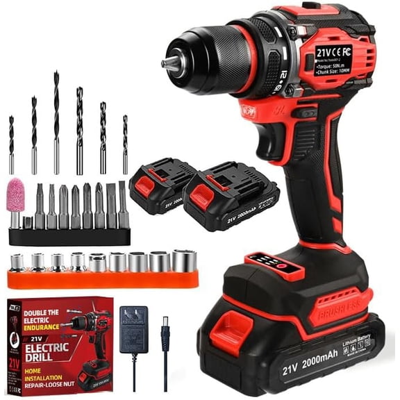21V Cordless Power Drill/Driver Set, 2 Variable Speeds with Light, 3/8" Keyless Chuck, 2 & , 28- Kit for Use(Red)