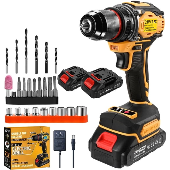 21V Cordless Power Drill/Driver Set, 2 Variable Speeds with  Light, 3/8" Keyless Chuck, 2  & , 28- Kit for  Use(Yellow)