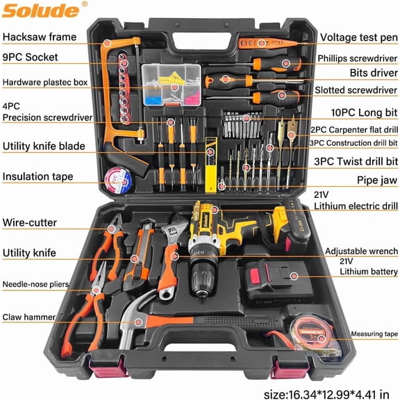 Tool Set with Drill,21V Cordless Power Drill Tool Box with 2 Battery,Electric Drill Driver with Basic Hand Tools for Home Repair and  Projects