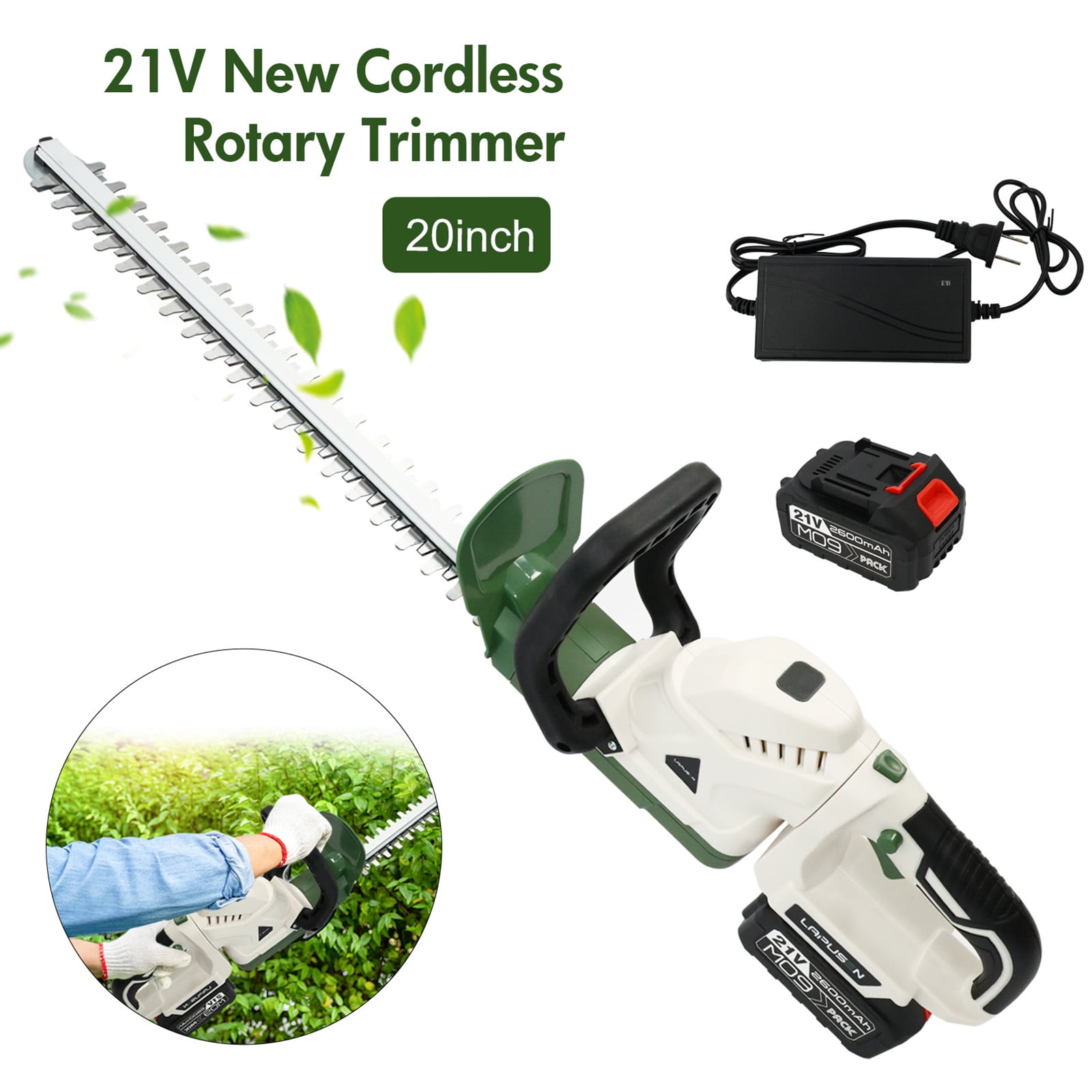 21V Cordless Hedge Trimmer with 20 Dual Action Blade Handle Electric Hedge Trimmer with 3.0Ah Battery and Fast Charger for Garden Shrub Grass and Lawn Up to 20000 RPM Green Walmart