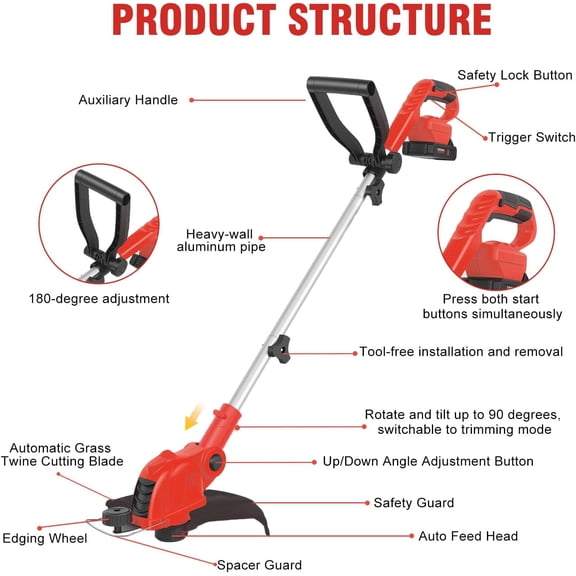21V Cordless String Trimmer & Edger, 12" Auto-Feed Grass Cutter with 2.0Ah Battery & Fast Charger, 2-in-1 Electric Weed Wacker Lawn Tool for Yard Garden Maintenance-Red