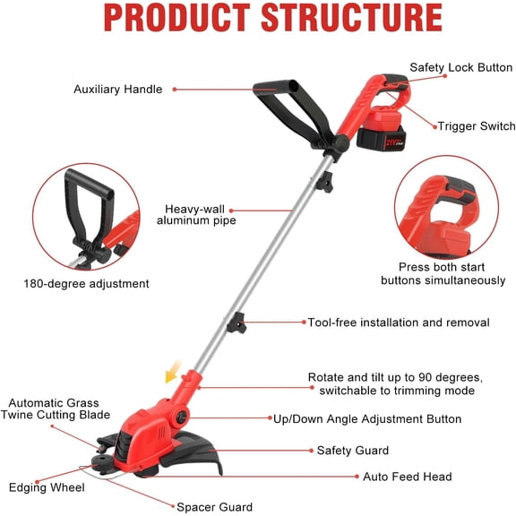 21V Cordless String Trimmer & Edger, 12" Auto-Feed Grass Cutter with 4.0Ah Battery & Fast Charger, 2-in-1 Electric Lawn Tool Includes 10 Lines for Garden and Yard Maintenance - Red