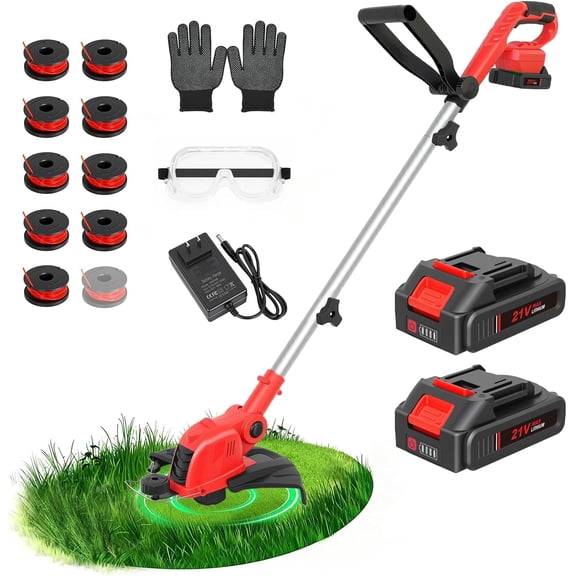 21V Cordless String Trimmer and Edger 12 Inch Auto Feed with 2.5Ah Battery and Fast Charger Crimson