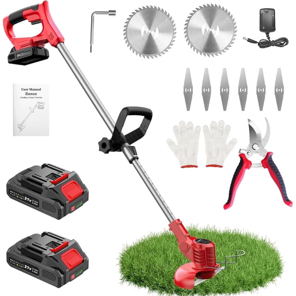 21V Cordless String Trimmer with 2 Batteries 2.0Ah and Metal Blades Adjustable Pole Grass Trimmer Red
