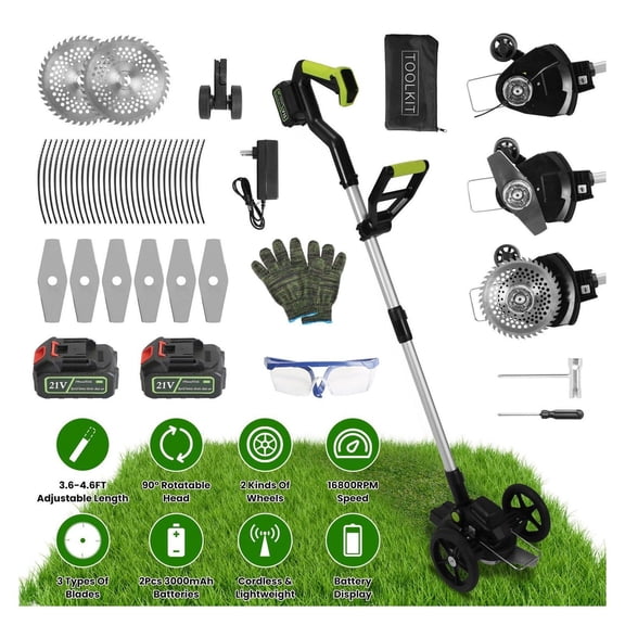 21V Cordless Weed Edger String Trimmer, 16800RPM Electric Grass Eater Bush Cutter w/ 2x 3.6-4.6ft Adjustable Pole & 3 Blades