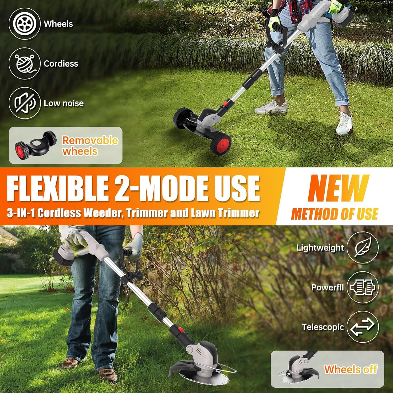 21V Cordless Weed Wacker with 2 Batteries, 650W Electric Grass Trimmer ...