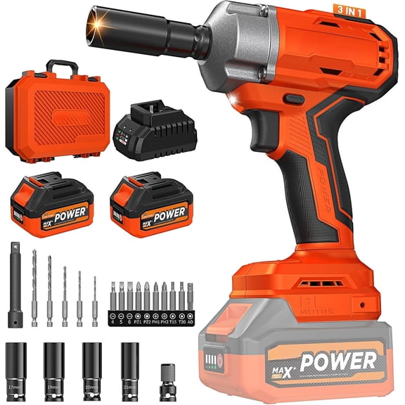 21V Cordless Wrench, 1/2" Brushless Driver Kit 516Ft-lbs (700N.m) with 2*4.0Ah ,4 Sockets,10 Drill Bits,High Torque Electric for Tire RV Mower