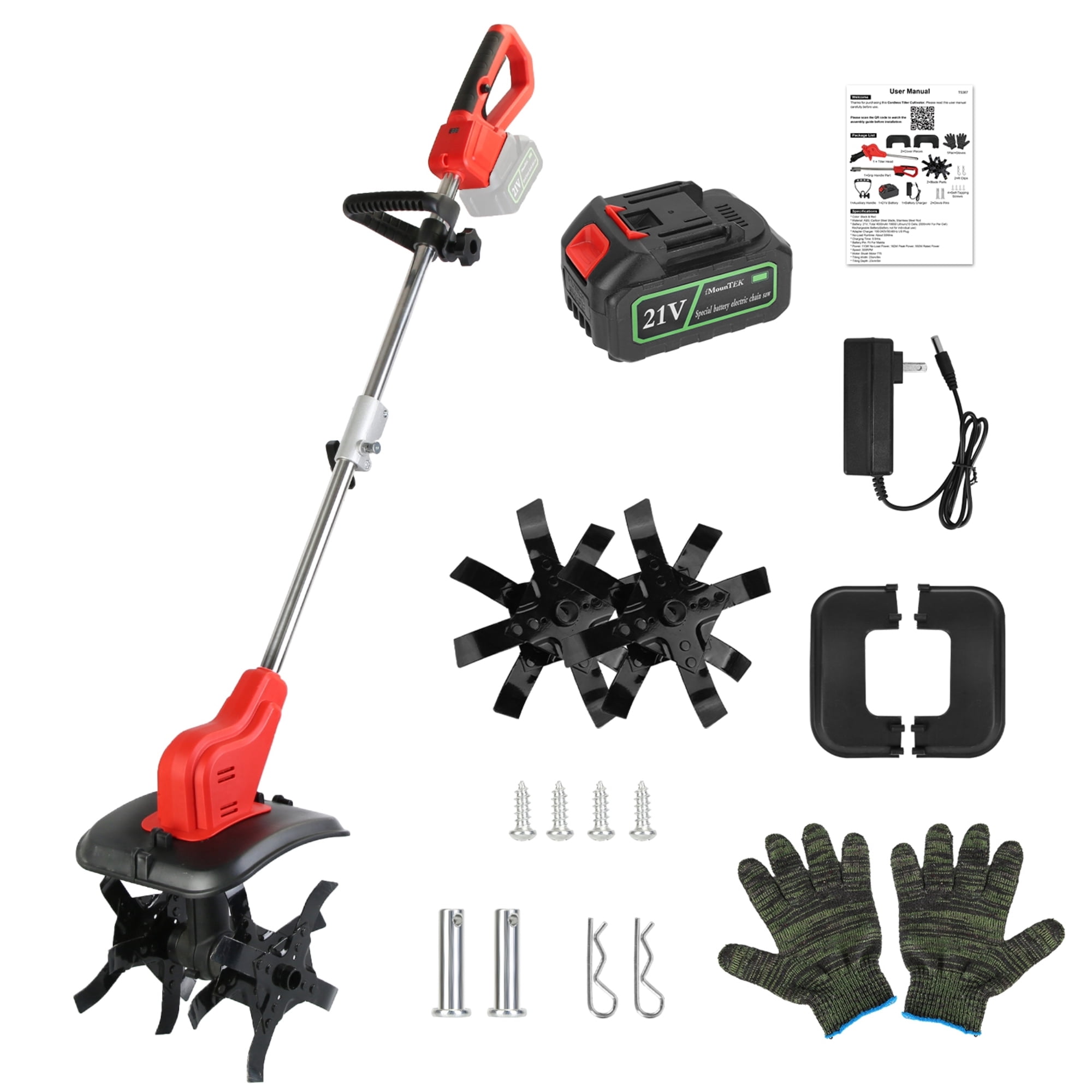 21V Cordless Tiller Cultivator with 4 Blades, 16 Steel Tines, 550W, 300RPM, 9-Inch Width & Depth