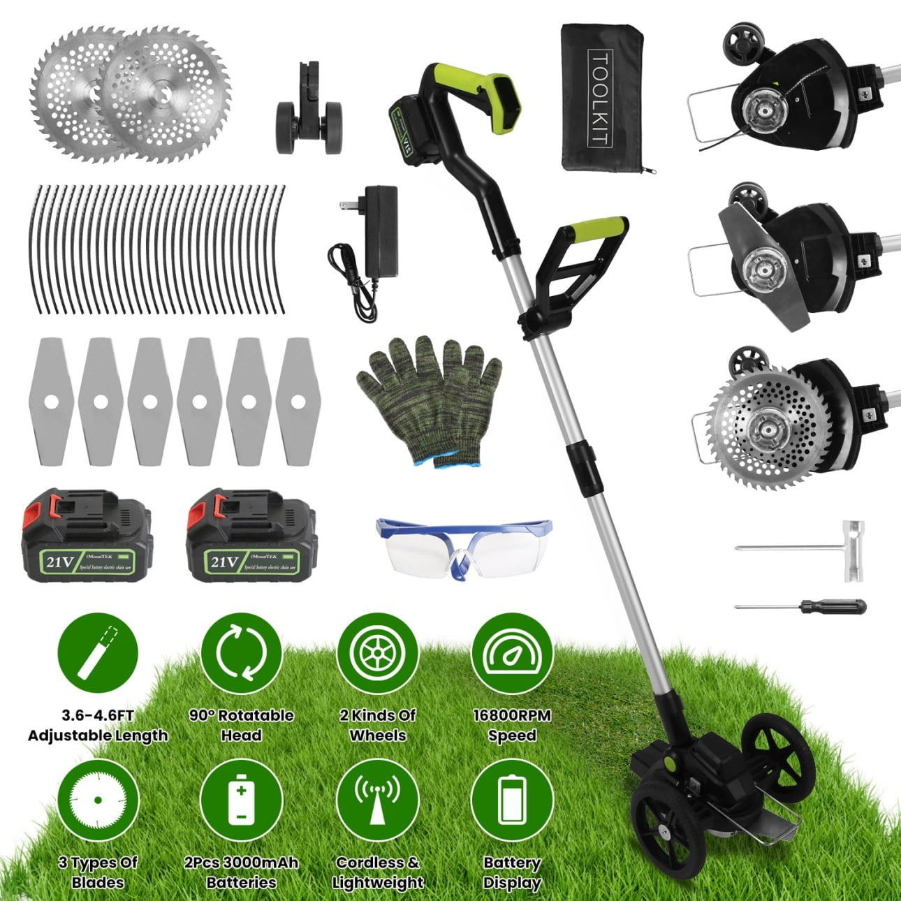 21V  Electric Cordless Weed Edger with Adjustable Angles and Height, Eater Bush Cutter with Removable Wheels and 3 Types of Blades, Lightweight String Trimmer for Garden, Yard, Lawn, Black