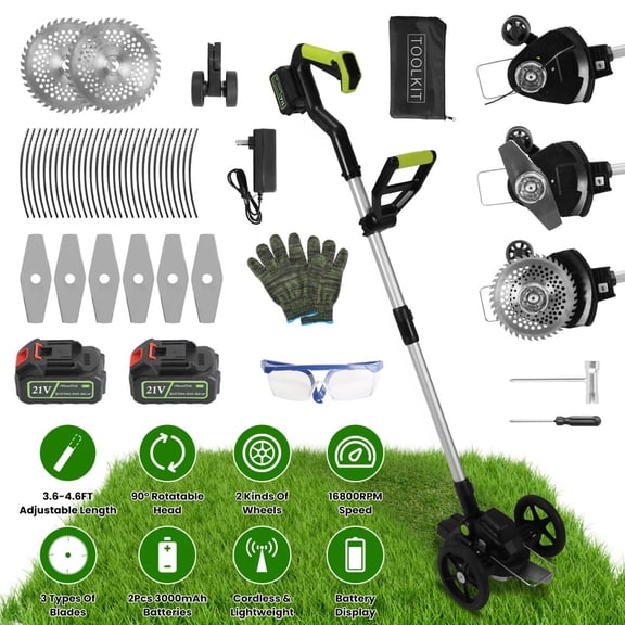 21V Electric Cordless Weed Edger with Adjustable Angles and Height, Eater Bush Cutter with Removable Wheels and 3 Types of Blades, Lightweight String Trimmer for Garden, Yard, Lawn, Black