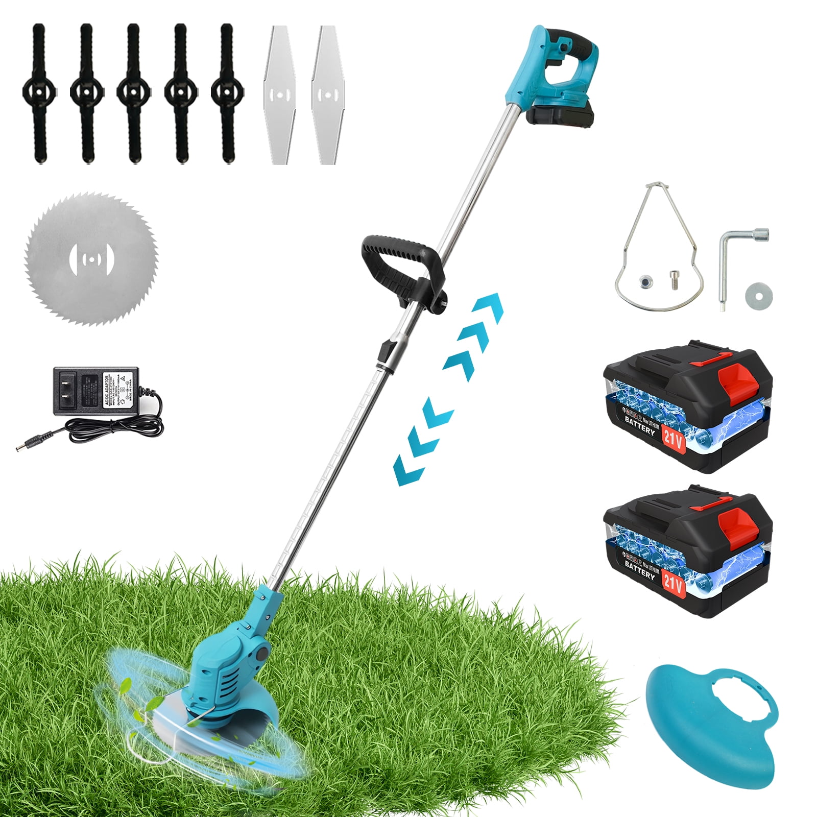 24V Electric Weed Trimmer, 650W Cordless Weed Wacker, Battery Powered Weed Eater for Lawn Yard Garden, 2PC 2000mAh Batteries and Charger, 3 Types of Blades, Blue