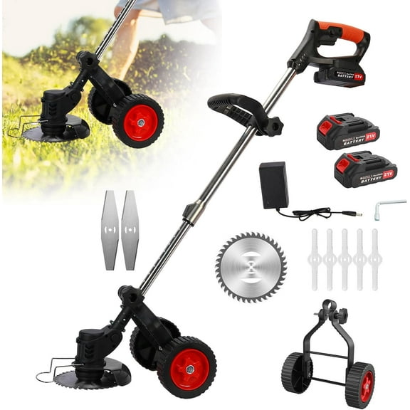 21V Electric Weed Wacker with Wheels,6 inch Cordless String Trimmer,Cordless Grass Trimmer with 2x2.0Ah BatteryCharger,Telescopic Cordless Weed Eater, Battery Weed Eater for Lawn Care
