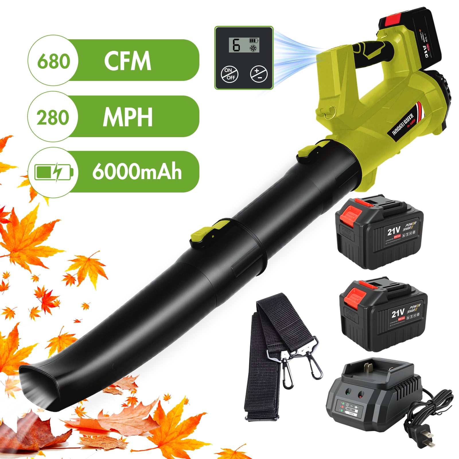 21V Leaf Blower, 650CFM/280MPH Cordless Leaf Blower Equipped with 2×6.0Ah Batteries & Fast Charger, 6 Adjustable Speeds & LCD Display–Ideal for Clearing Leaves, Snow, Patios & Driveways