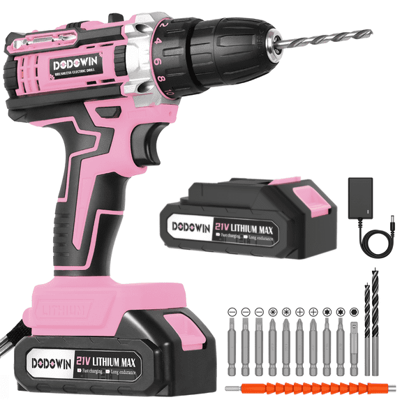21V Pink Cordless Brushless Drill Set With Battery, Charger, Screwdriver Bits, Drill Bits And Flexible Extension, Compact Power Drill Driver Kit For Home DIY, Furniture Assembly, Installation