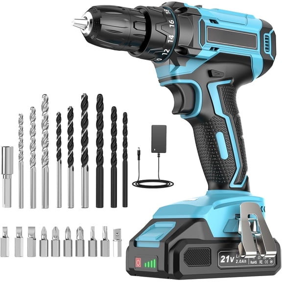21V Power Drill Cordless, Drill Set with 2.0Ah , 3/8"Keyless Chuck, 2 Variable Speed, 18+1 Torque, 20 count Driver Bits and Belt Hook for DIY Projects, Blue