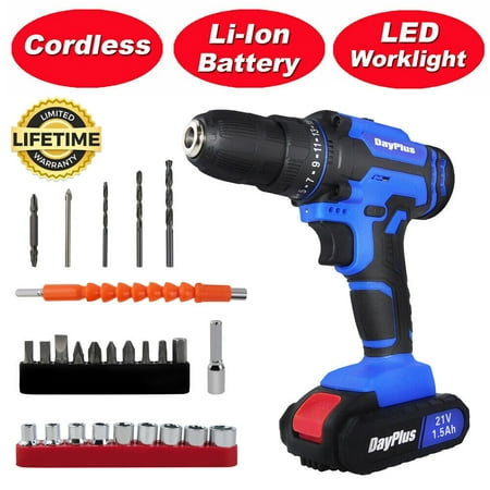 21V-Volt Cordless Drill Driver Set 3/8 inches Keyless Chuck, 2 Variable Speed 18+1 Torque Setting 45N.m, with 1.5AH Li-Ion Battery Fast Charger Drill/Driver Bits