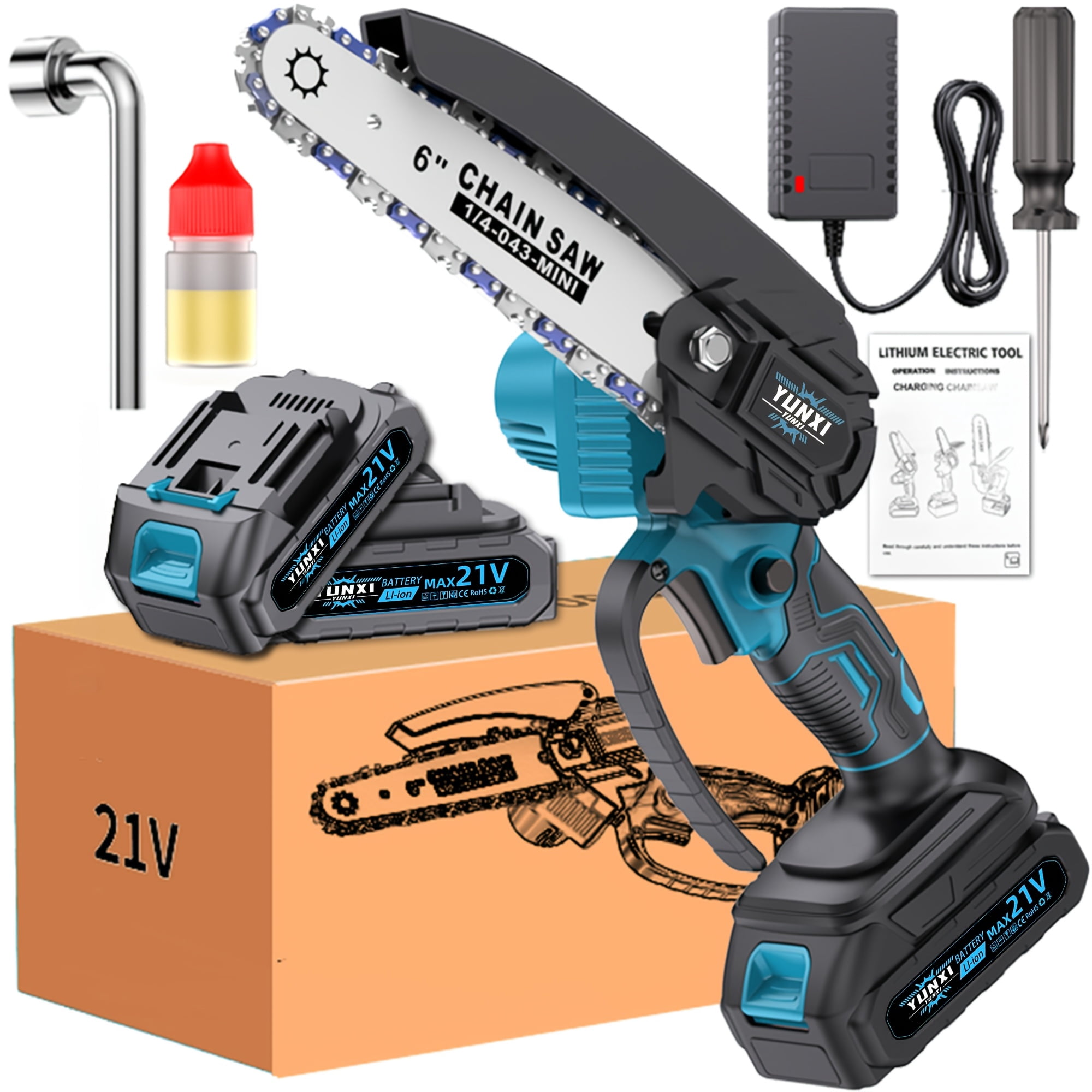 21V cordless chainsaw, equipped with brushless motor and automatic refueling system, suitable for men's cordless tree cutting, DIY wood cutting, garden landscape, ideal gift