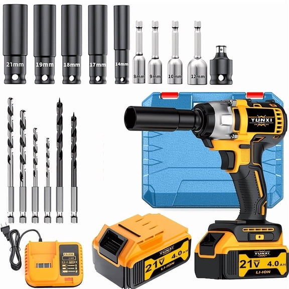 21V impact wrench set, equipped with 4000mAh lithium-ion battery and heavy-duty motor, compatible with vehicles, trucks, and motorcycles for home repairs and machine maintenance, making it an ideal g