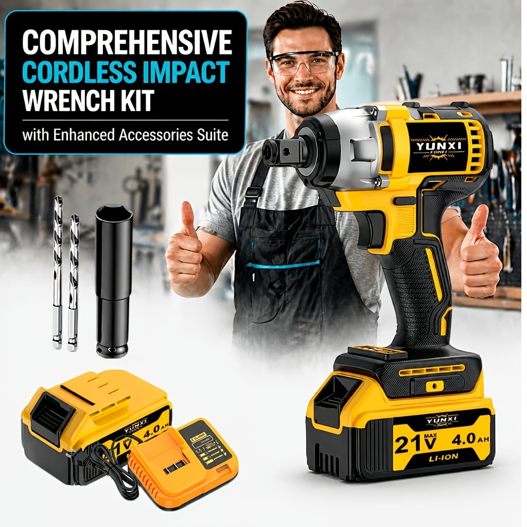 21V new high torque impact wrench wireless drill set, brushless electric impact wrench, optional large capacity battery, toolbox, charger, socket and full accessory set.