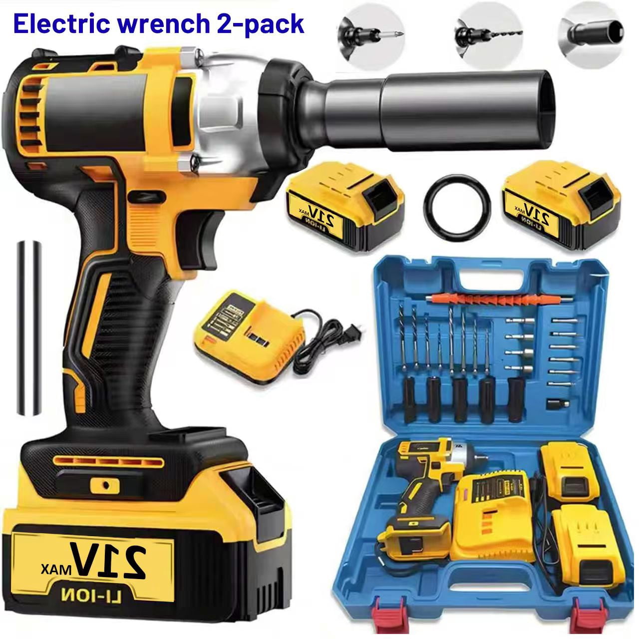 21V wireless impact wrench drill kit, heavy-duty impact electric drill, 2 batteries, including toolbox, charger and complete drill bit accessories. Suitable for automotive repair and heavy-duty D