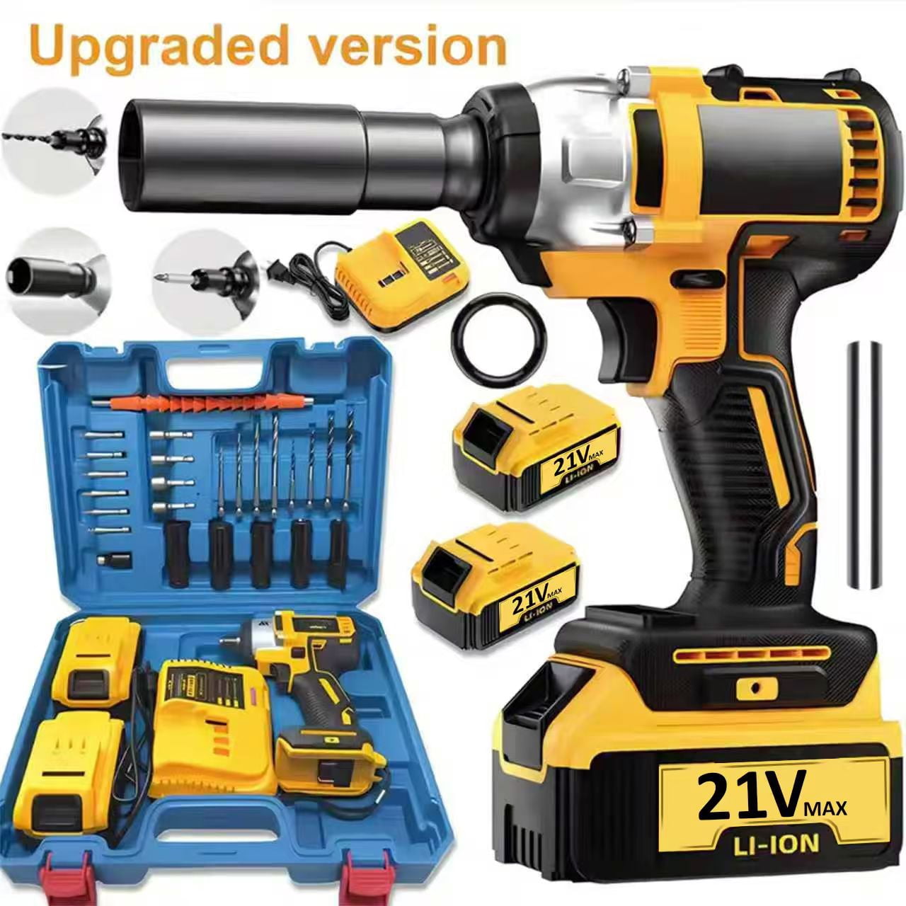 21V wireless impact wrench drill kit, heavy-duty impact electric drill, 2 batteries, including toolbox, charger and complete drill bit accessories. Suitable for automotive repair and heavy-duty D