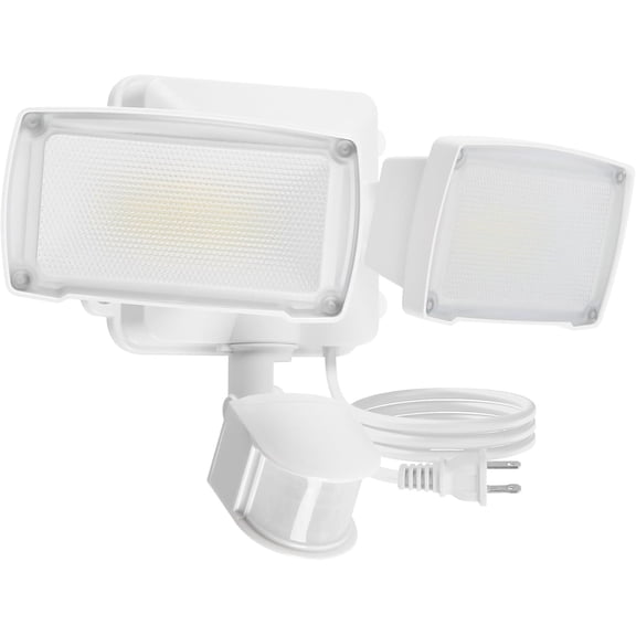 21W Plug in Motion Sensor Light Outdoor, Flood Lights Outdoor Motion Sensor,2500LM, 5000K Daylight,IP65 Waterproof,Adjustable 2 Heads Wall Light for Garage, Porch, Yard - White