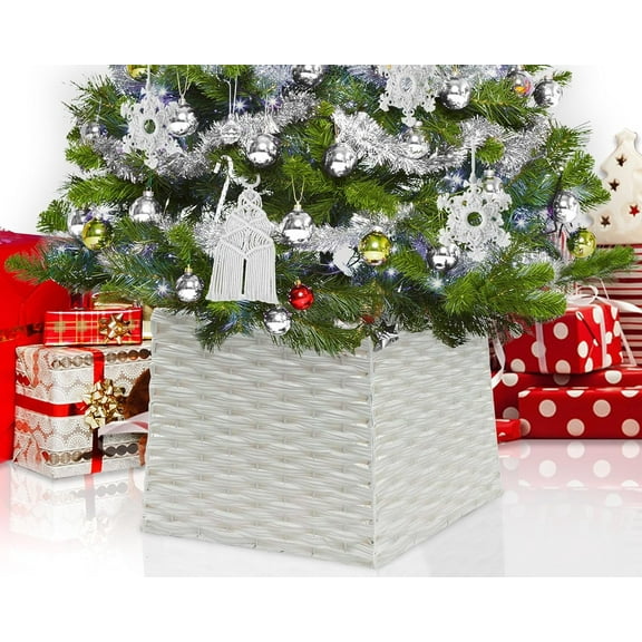 21in Christmas Tree Collars for Artificial Trees, Pencil Tree Collar for Slim Trees, Boho Rustic Holiday Decor Xmas Tree Ring, Basket Base Cover, Christmas Tree Guard for Cats - White