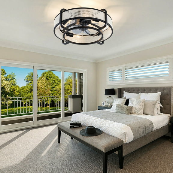 21in Industrial Style Ceiling Fan with Light Black Caged Farmhouse Chandelier Lamp Fixture, 6 Wind Speed,7 Fan Blades,Pure Copper Motor