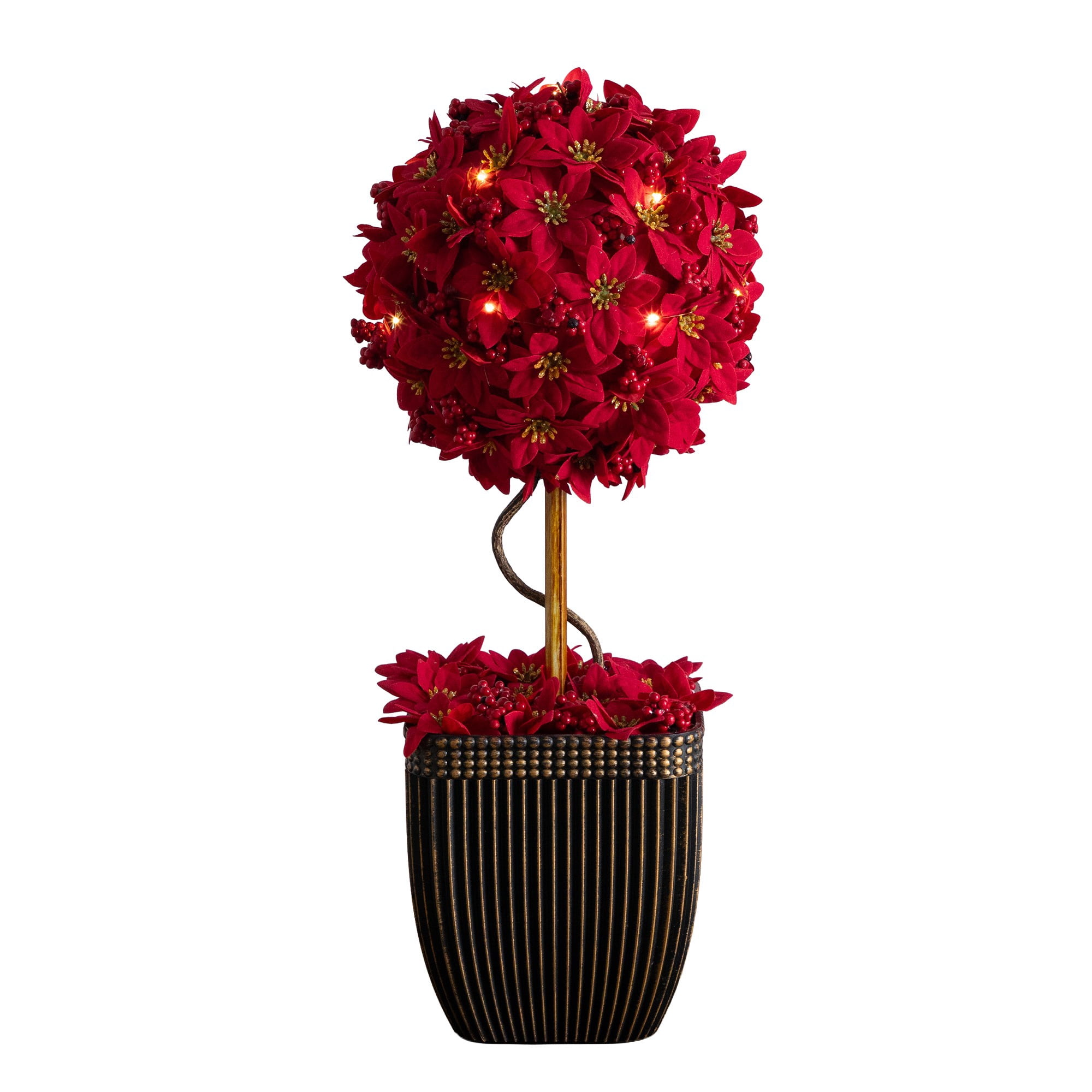 21in. Pre-Lit Artificial Christmas Poinsettia Single Ball Topiary Tree with 15 LED Lights in Decorative Planter