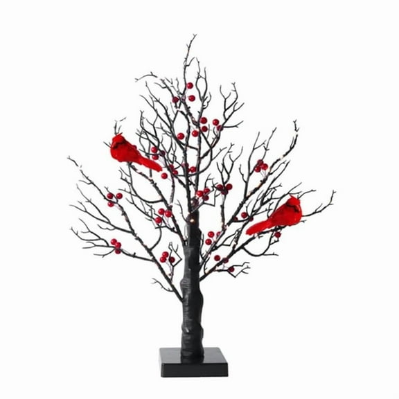 21inch Vintage Glowing Tree with Cardinals Trees Little Red Bird Trees Light Christmas Tree with Berries for Tabletop