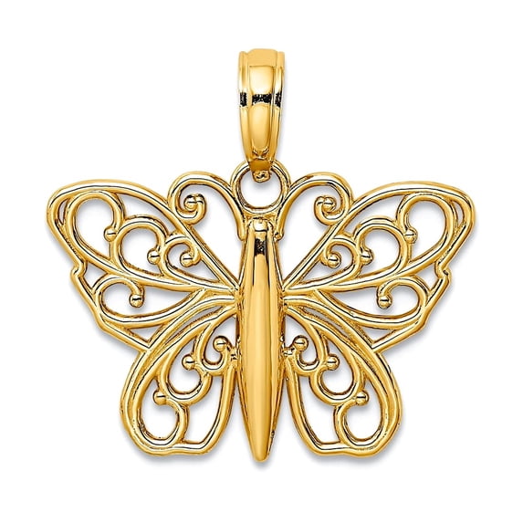 21mm 14k Gold Butterfly With Filigree Angel Wings Charm Pendant Necklace for Women