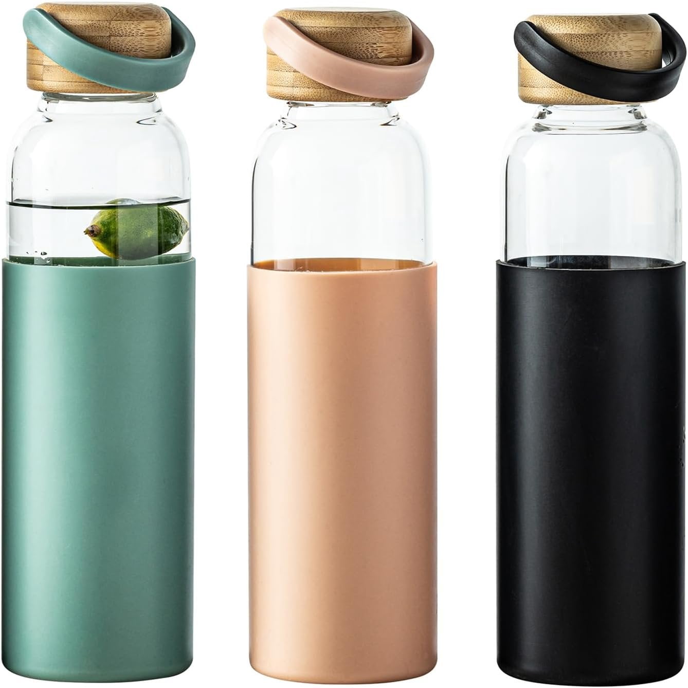 21oz Borosilicate Glass Water Bottles with  Non-Slip Sleeve & Leak-Proof Lid- Drink Bottle for Office,Travel,Gym,Hiking-,Ideal  for , &Fitness (+Black+Green)