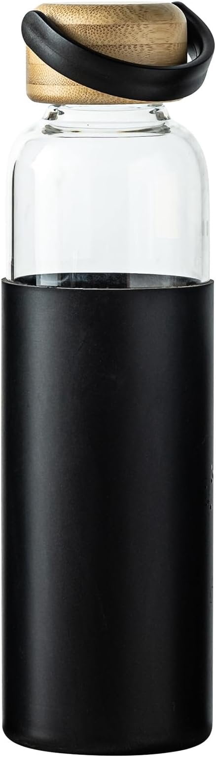 21oz Borosilicate Glass Water Bottles with  Non-Slip Sleeve & Leak-Proof Lid- Drink Bottle for Office,Travel,Gym,Hiking-,Ideal  for , &Fitness (Black)