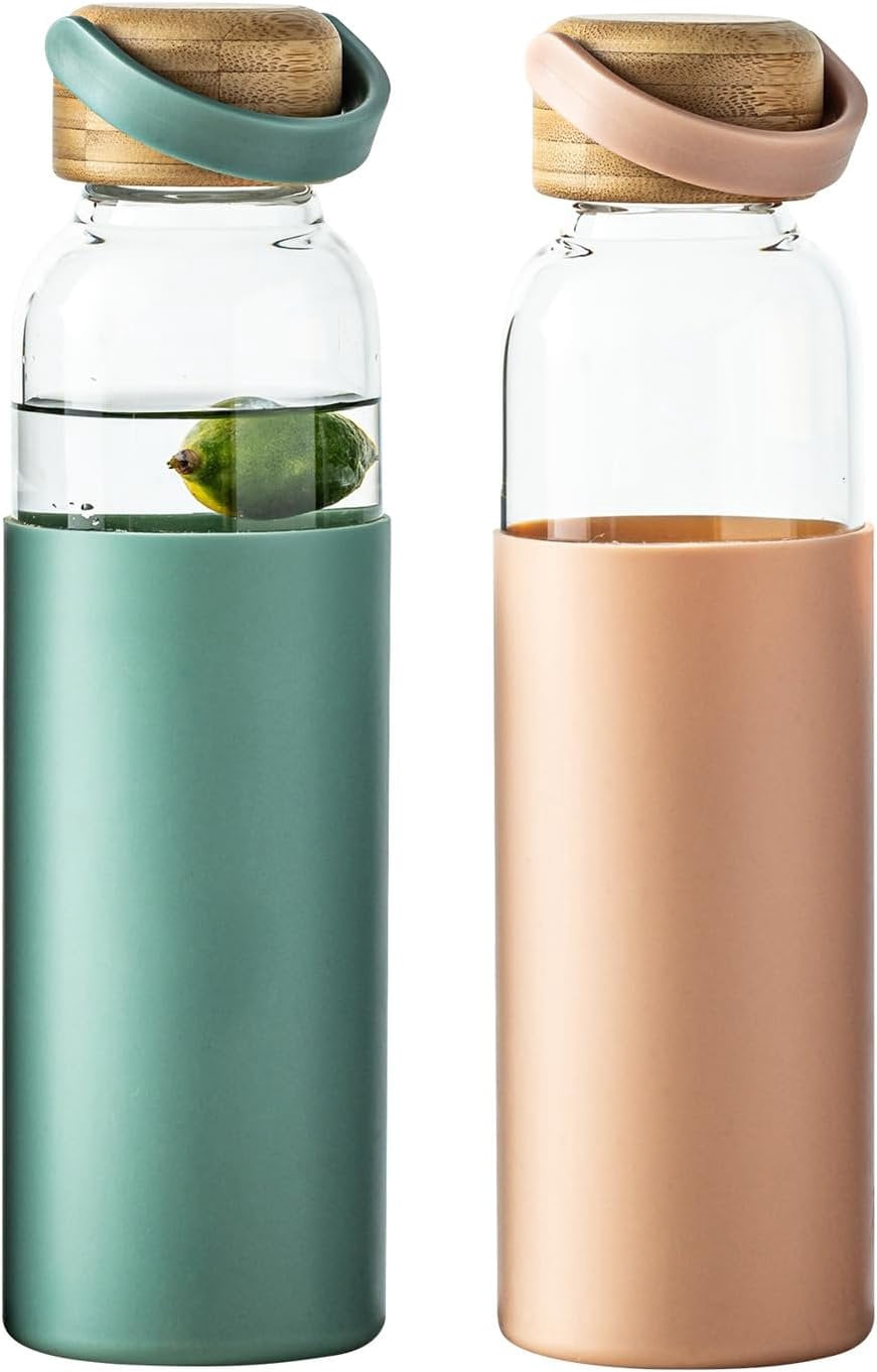 21oz Borosilicate Glass Water Bottles with  Non-Slip Sleeve & Leak-Proof Lid- Drink Bottle for Office,Travel,Gym,Hiking-,Ideal  for , &Fitness (+Green)