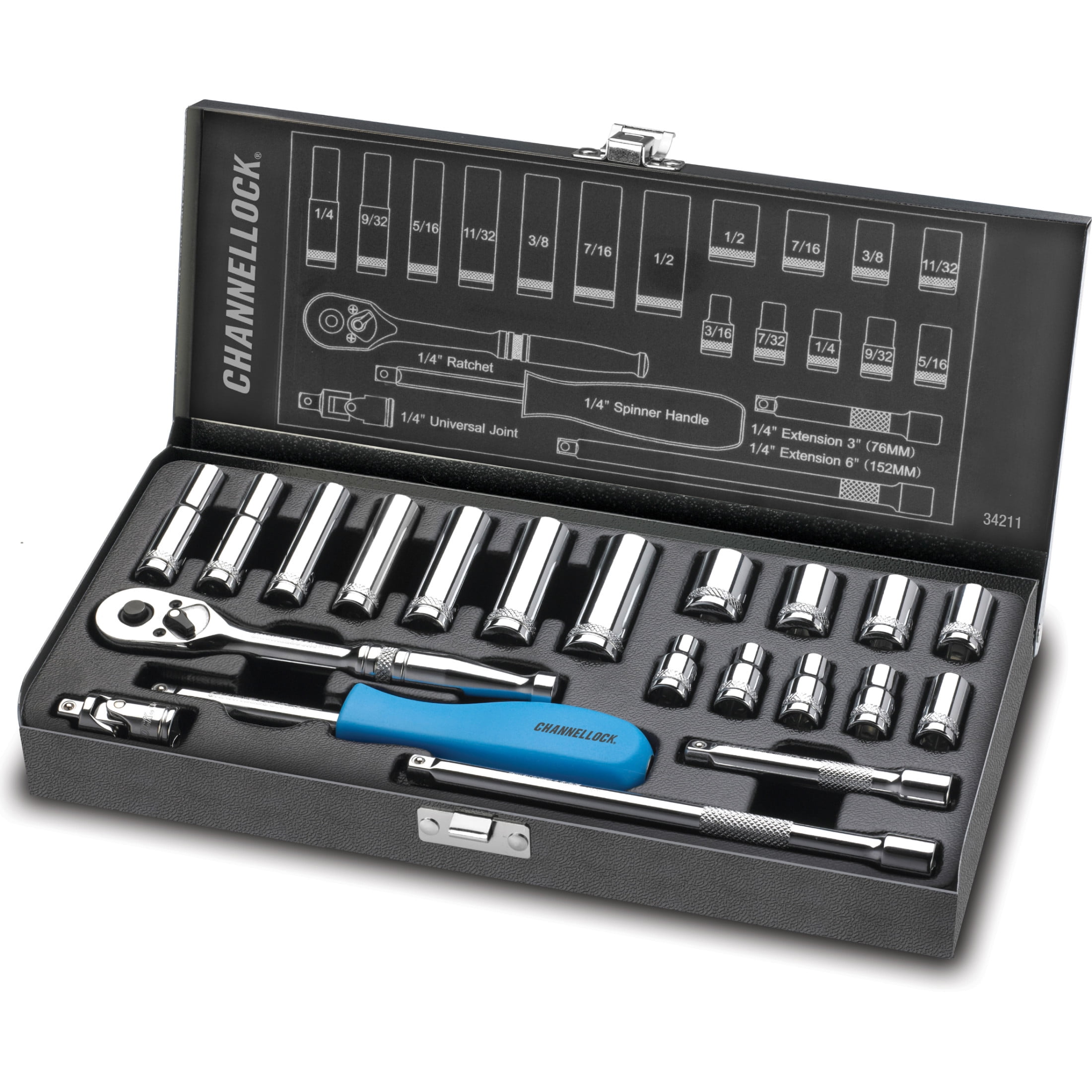 CHANNELLOCK 1/4-inch SAE Drive Socket Set, Includes Standard and Deep-Well Sizes, 6-Point Sockets, Durable Steel Case, 21 pieces (34211)