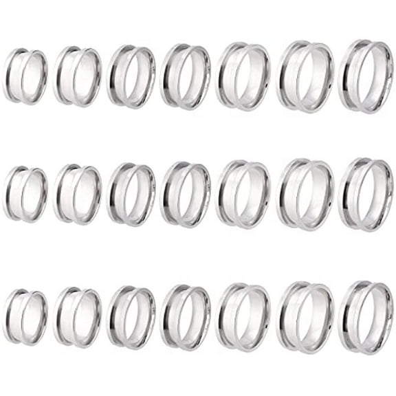 21pcs 7 Size Blank Core Ring Stainless Steel Finger Ring Grooved Inlay Ring Round Empty Ring Blanks for Jewelry Making Size 6~12