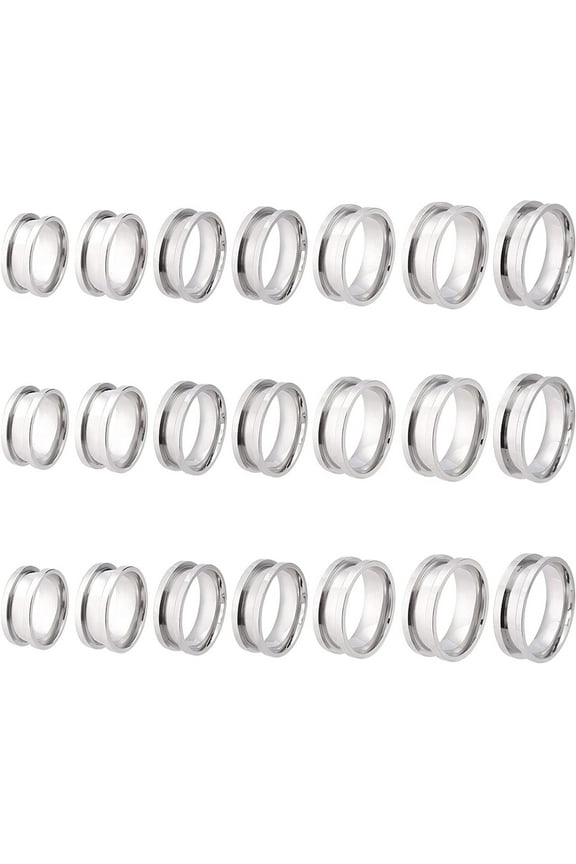 21pcs 7 Size Blank Ring Stainless Steel Finger Ring Grooved Core Inlay Ring for Resin Round Empty Ring Blanks for Jewelry Making DIY