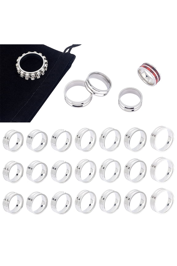 21pcs 7 Sizes Double Blank Core Finger Rings Stainless Steel Grooved Ring for Inlay Round Empty Ring Blanks with Velvet Pouches for Jewelry Making