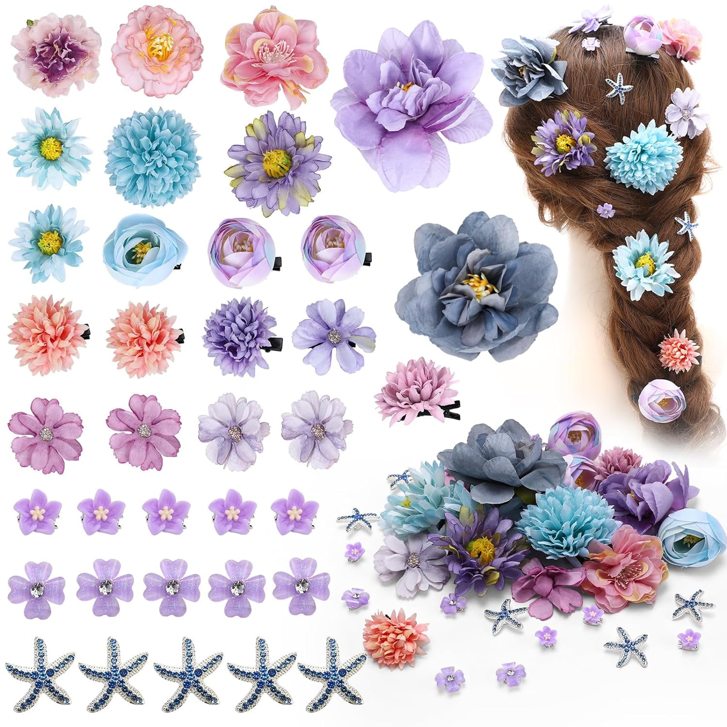 21pcs Blue Purple Silk Flower and Mini Starfish Small  Floral Hair Claw Clips Set for Women Girls Bridal Wedding Sweet Bangs Strong Hold Braid Hairstyles Decorate Accessories