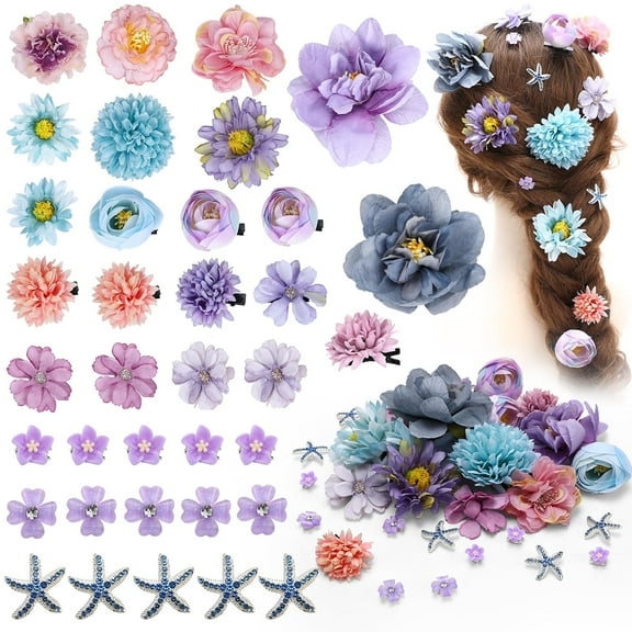 21pcs Blue Purple Silk Flower and Mini Starfish Small  Floral Hair Claw Clips Set for Women Girls Bridal Wedding Sweet Bangs Strong Hold Braid Hairstyles Decorate Accessories