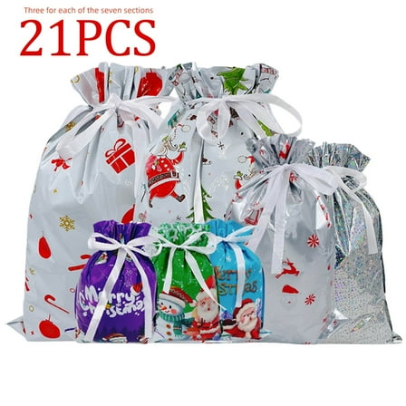 21pcs Christmas Drawstring Gift Bags, Package Holiday Drawstring Gift Bags, Assorted Size Xmas Gift Wrapping Bags , Christmas Gift Bags for Party Decorations