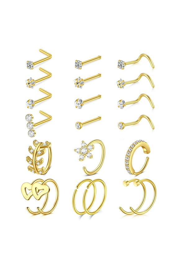 21pcs Elegant Nose Ring Set for Women and Men - 20G Surgical Steel, Heart-Shaped Hoops & Star CZ L-Shaped Studs, Versatile Screw-Back Piercing Jewelry for All Occasions