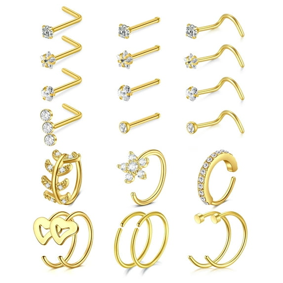 21pcs Elegant Nose Ring Set for Women and Men - 20G Surgical Steel, Heart-Shaped Hoops & Star CZ L-Shaped Studs, Versatile Screw-Back Piercing Jewelry for All Occasions