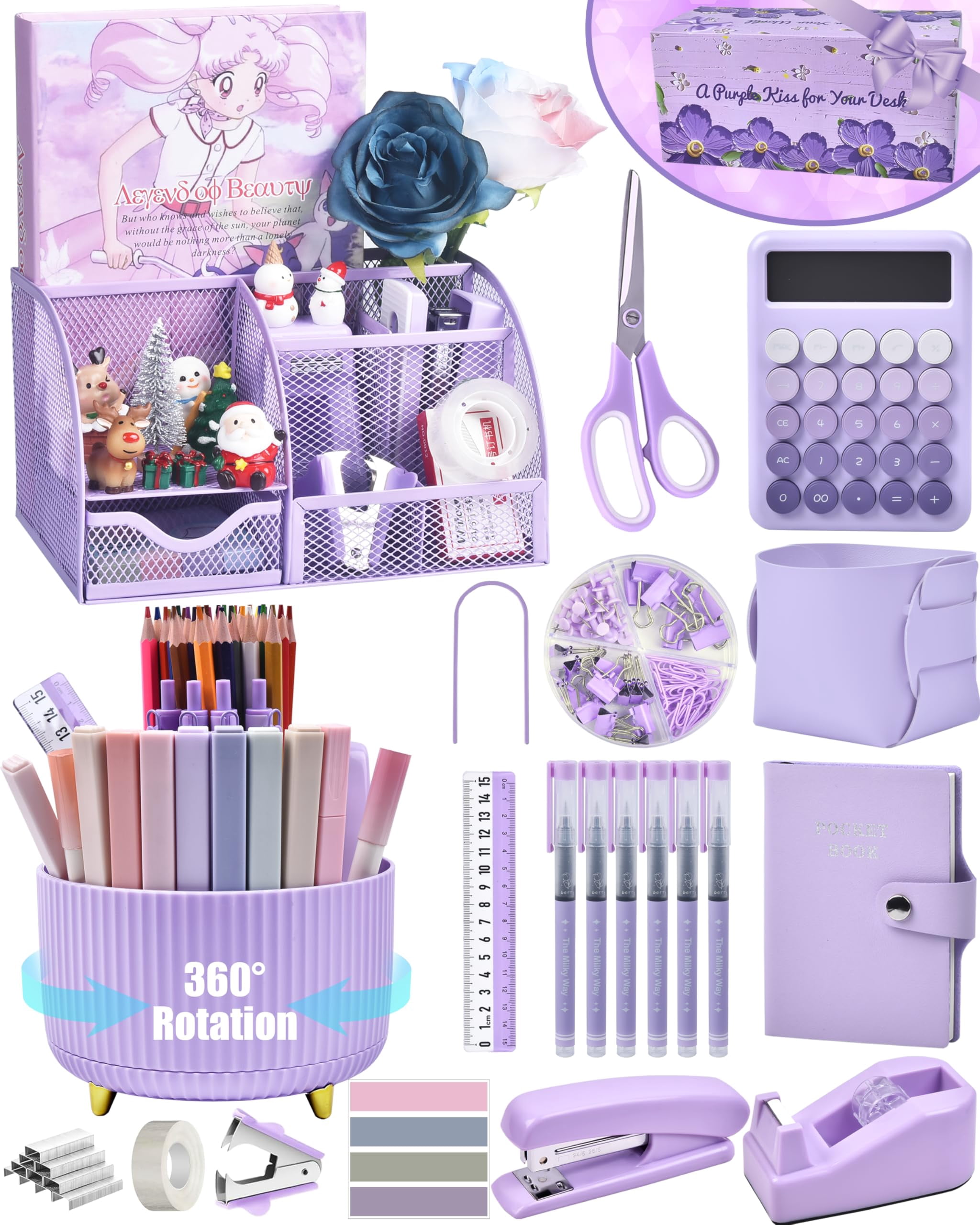 21pcs Purple Desk Organizers And Accessories With Mesh Organizer 360°rotating Pen Holder A Lot Of Office Supplies Beautifully Presented In Gift Box