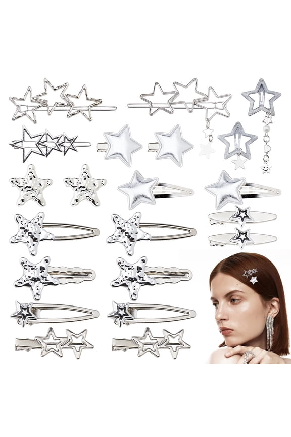 21pcs Star Hair Clips 13 Styles Silver Pentagram Hair Snap Clips Alloy Hair Stars Barrettes Set for Women Ladies Punk Kawaii 2000s Accessories Hair Decoration Silver