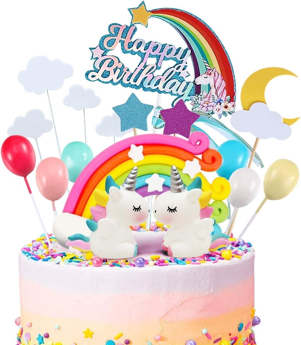 19pcs Unicorn Cake Topper Kit Cloud Rainbow Balloon Happy Birthday Banner Cake Decoration For Boy Girl Kid Birthday